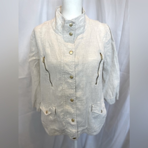 Chico's 100% Linen Size 2 3/4 Sleeve Jacket Beige W/Gold Accents - Picture 1 of 12